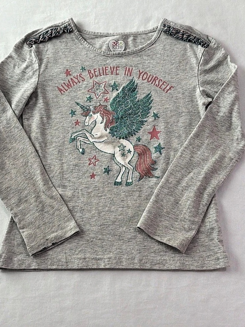 365 Kids from Garanimals Girls 8 Gray Unicorn Glitter Stars Long Sleeve Tee